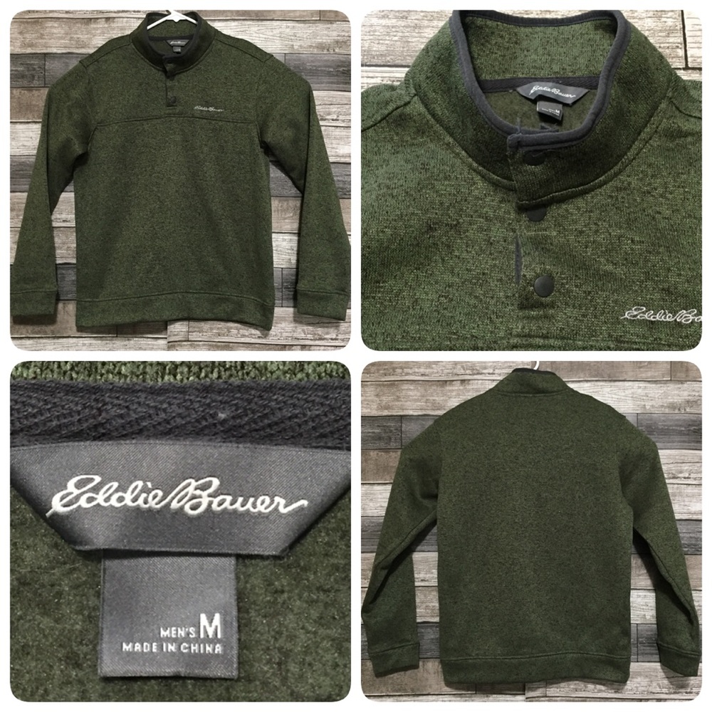 Eddie Bauer Fleece Pullover Men’s M Olive Green Snap Button.